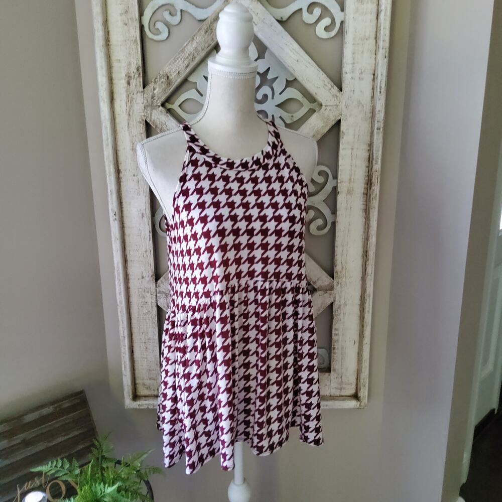 Burgundy Houndstooth Peplum Babydoll Halter Tank Tunic Top Large Retro Casual